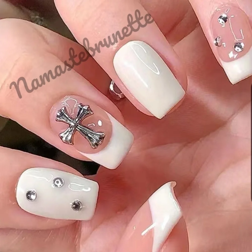 2/$16 Rhinestone Cross French Manicure Press On Nails